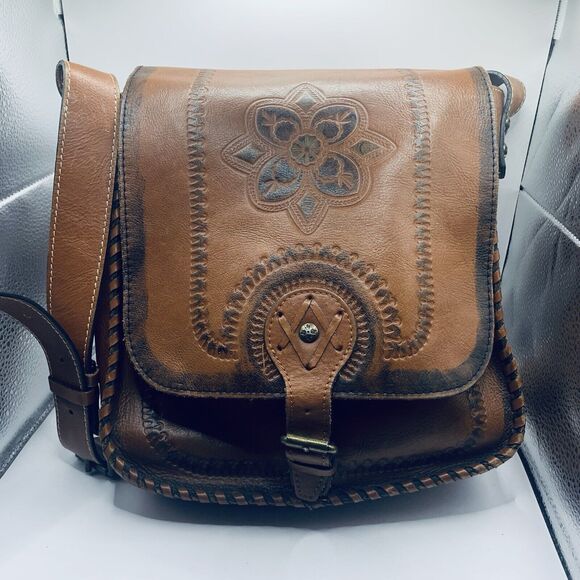 PATRICIA NASH HAND TOOLED SATCHEL CROSS BODY BAG PURSE Brown Leather